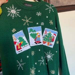 Vintage Green Holiday Sweater with Snowflake and Tree Design